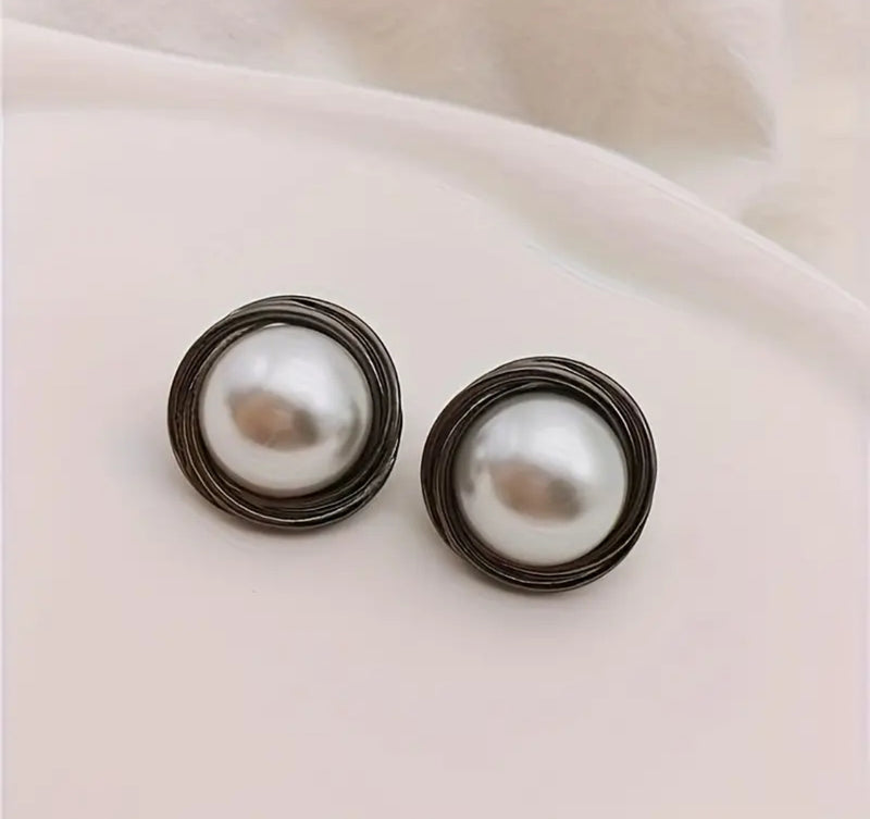 Clip on 1" gunmetal and white pearl round button style earrings