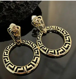 Clip on 2 3/4" XL shiny gold cutout dangle hoop earrings