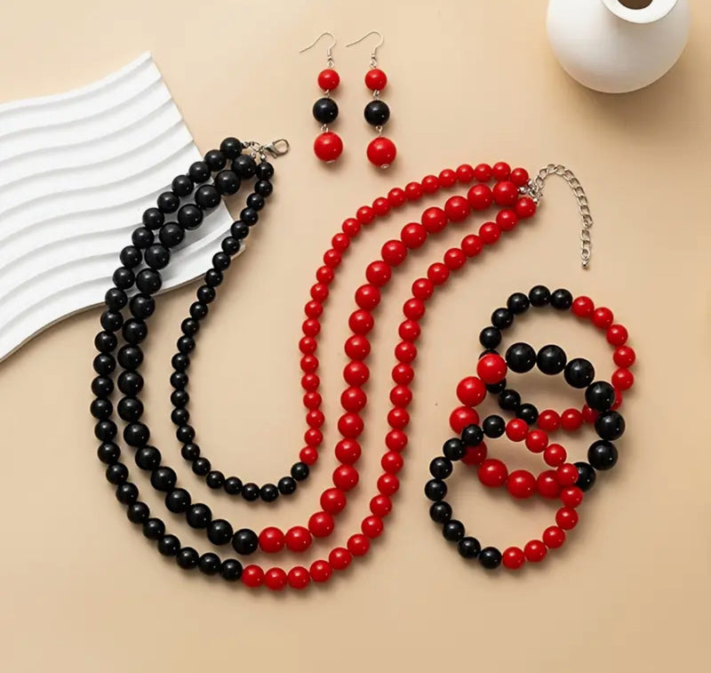 3 pc pierced silver black and red multi layered bead necklace set