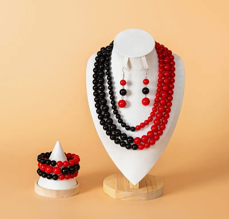 3 pc pierced silver black and red multi layered bead necklace set