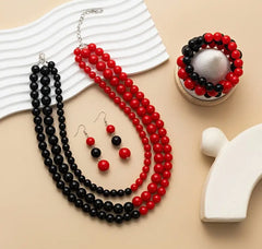 3 pc pierced silver black and red multi layered bead necklace set