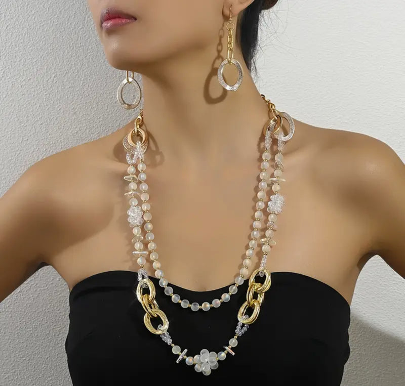 Vintage clip on silver vine, clear stone, and white pearl necklace and earring set