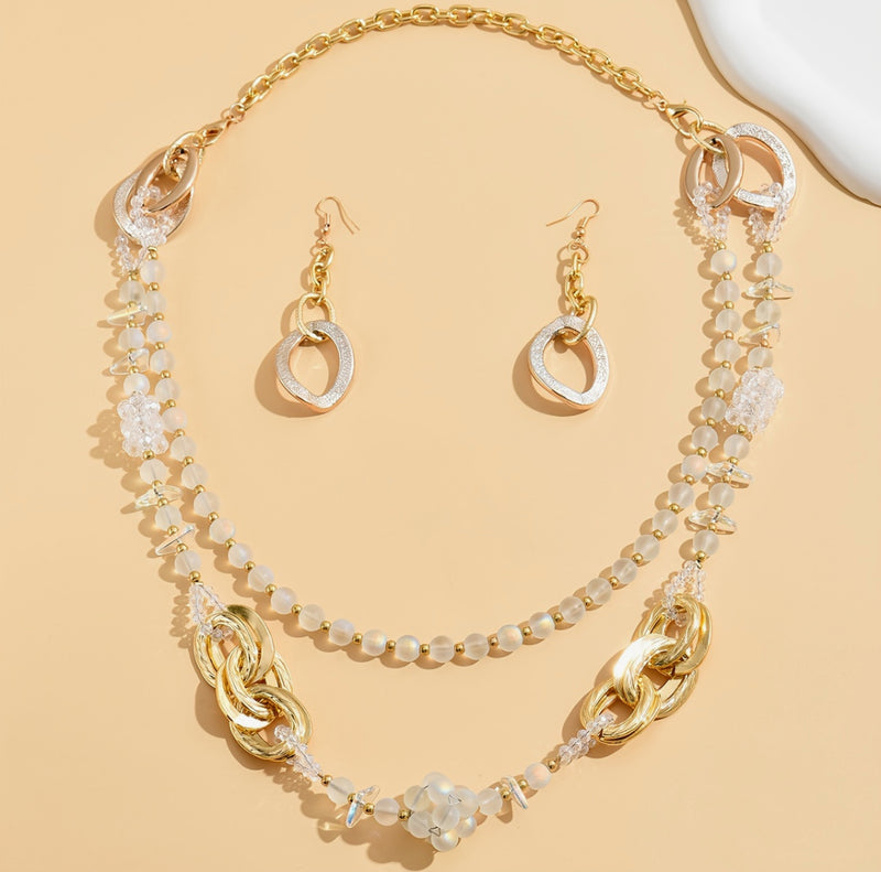 3pc pierced adjustable long gold, iridescent white bead necklace set