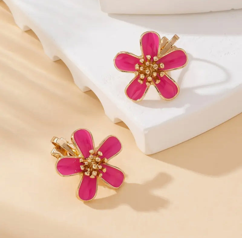 Clip on 3/4" gold and pink flower button style earrings