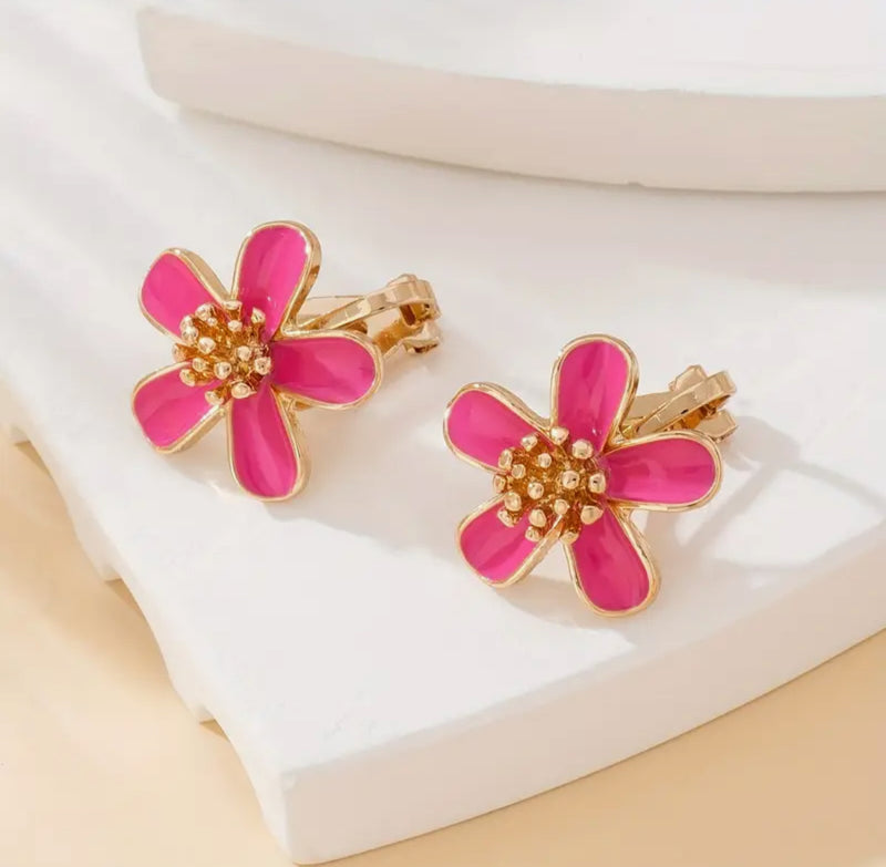 Clip on 3/4" gold and pink flower button style earrings