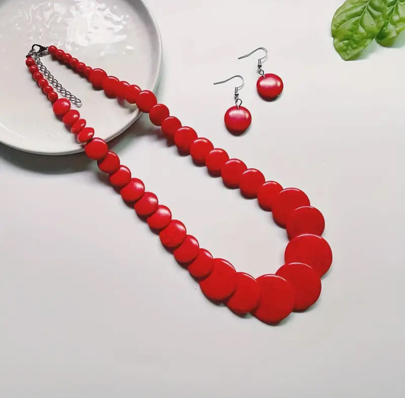 Pierced silver and red flat bead necklace and earring set