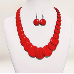 Pierced silver and red flat bead necklace and earring set