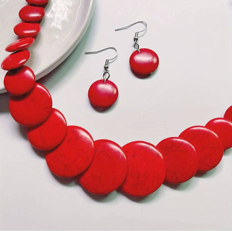 Pierced silver and red flat bead necklace and earring set