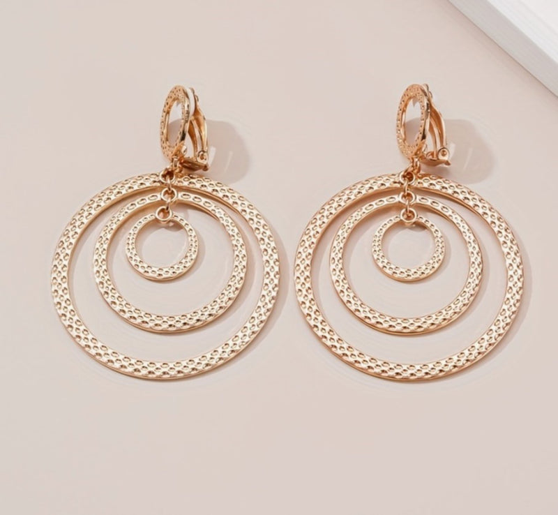 Clip on 3 1/2" Xlarge gold textured multi hoop dangle earrings