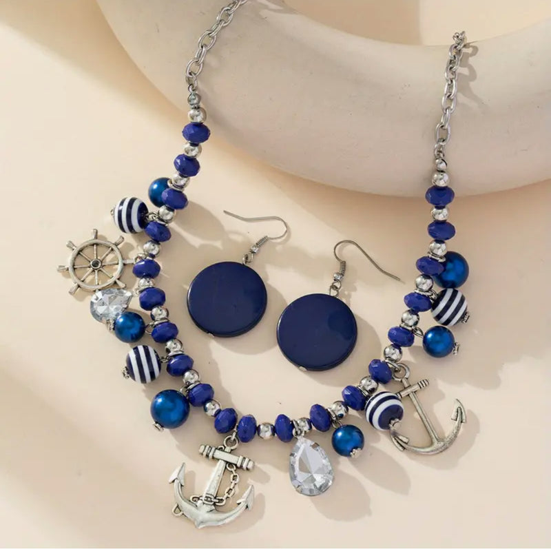 Pierced silver chain blue and white bead anchor necklace and earring set