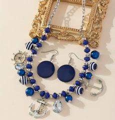 Pierced silver chain blue and white bead anchor necklace and earring set