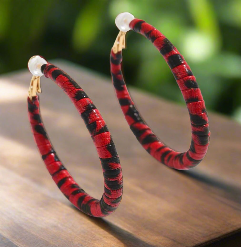 Clip on 2 3/4" gold, black and red  animal print PU leather hoop earrings