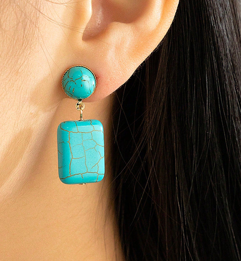 Clip on 1 3/4" gold and turquoise square bead dangle earrings