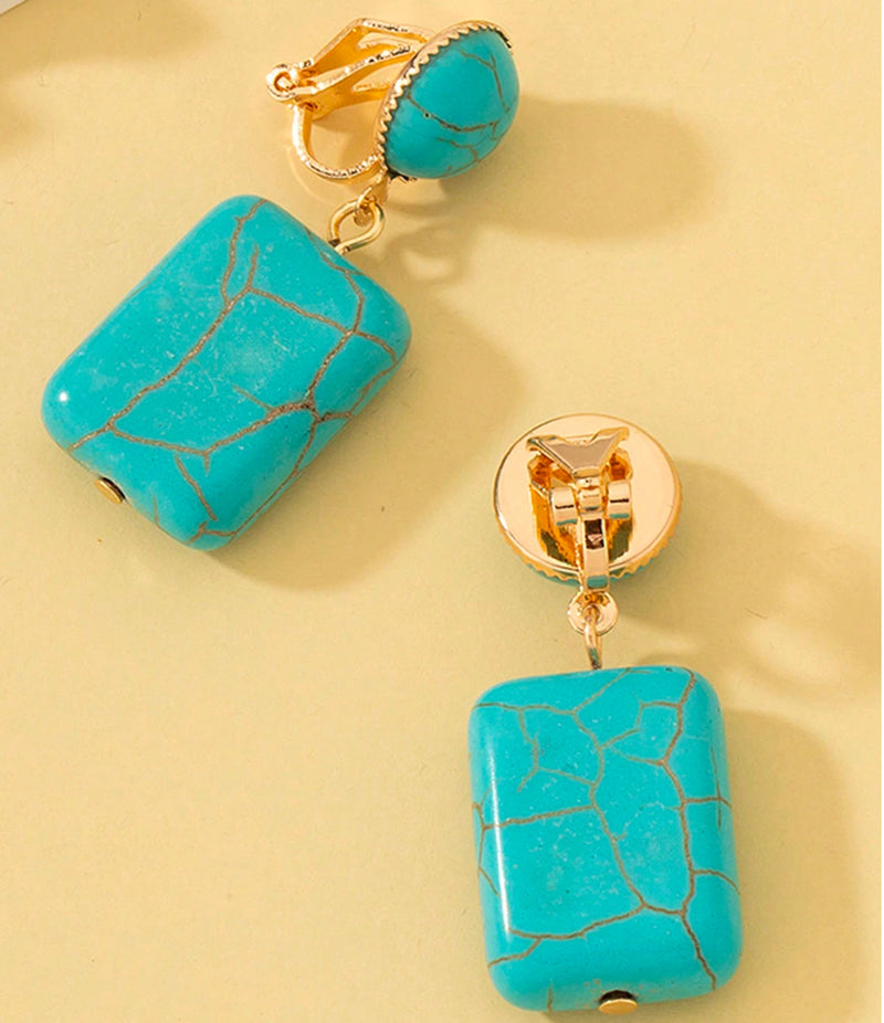 Clip on 1 3/4" gold and turquoise square bead dangle earrings