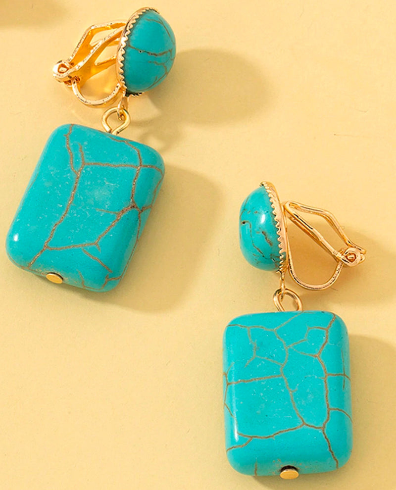 Clip on 1 3/4" gold and turquoise square bead dangle earrings