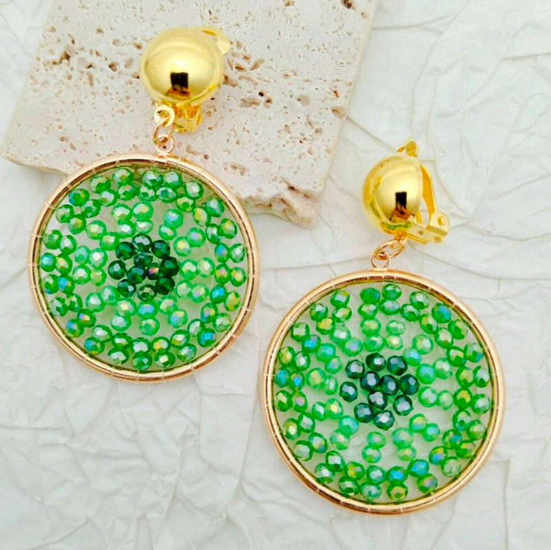 Clip on 2 1/4" gold and green bead dangle round earrings