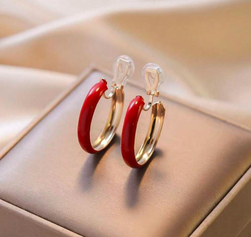 Clip on 1 1/4" gold and red lightweight open back hoop earrings