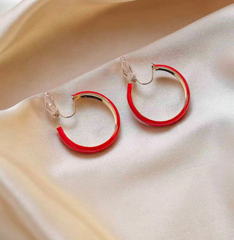 Clip on 1 1/4" gold and red lightweight open back hoop earrings