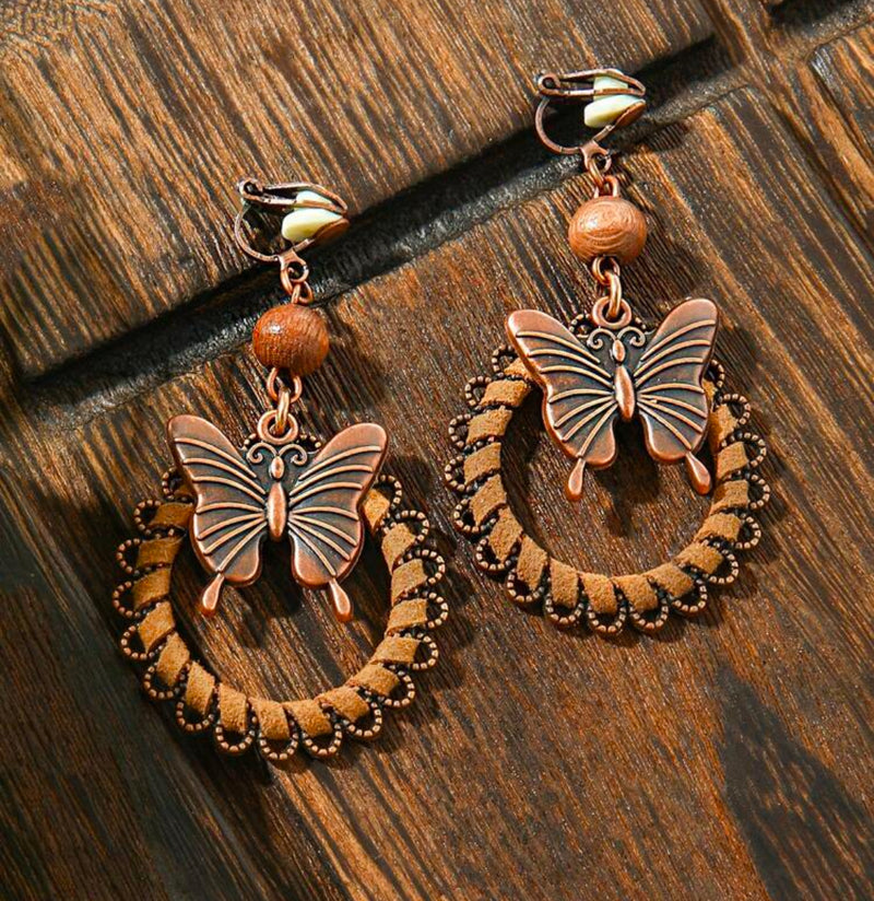 Clip on 2 3/4" brass and brown wood bead butterfly dangle hoop earrings