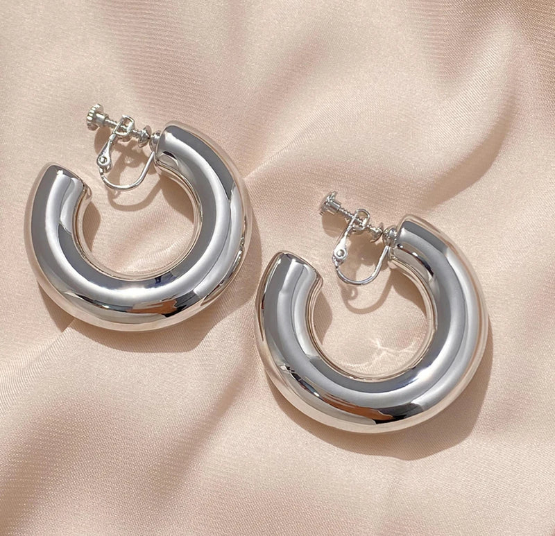 Clip on 1 3/4" shiny silver large barrel open back hoop earrings