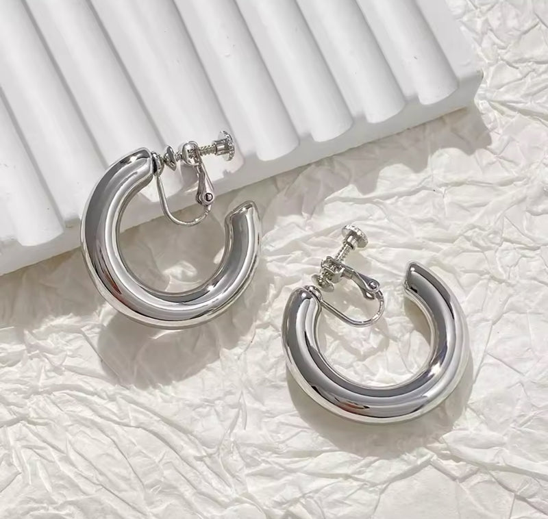 Trendy 1 1/4" clip on shiny silver open back hollow center hoop earrings