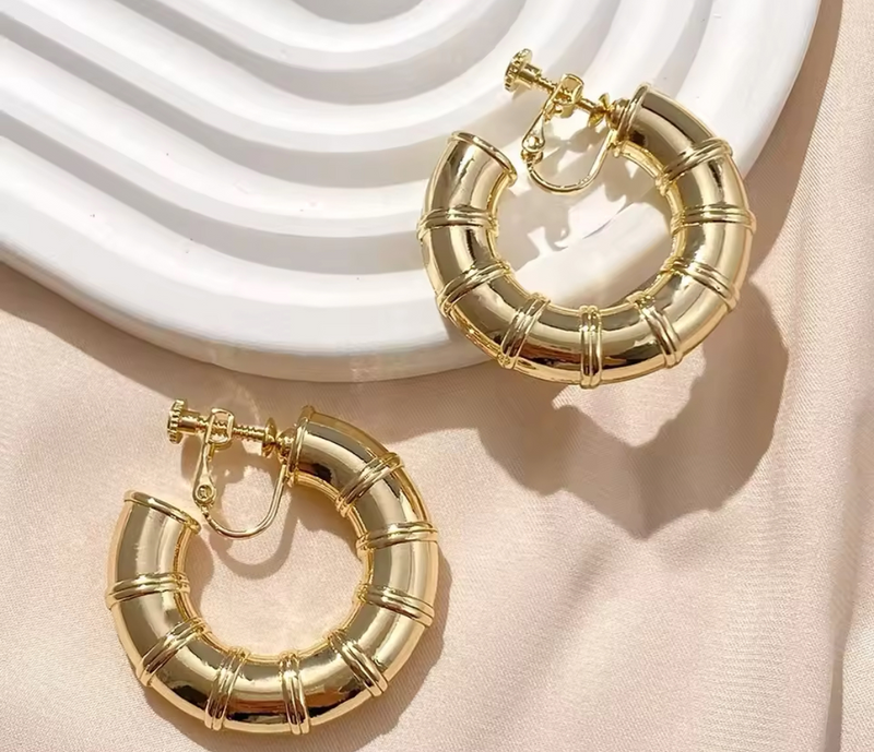 Clip on 1 1/2"gold open back barrel style hoop earrings