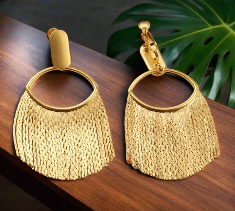 Clip on Screw back 2 1/4" gold bar cutout eye earrings with dangle chains