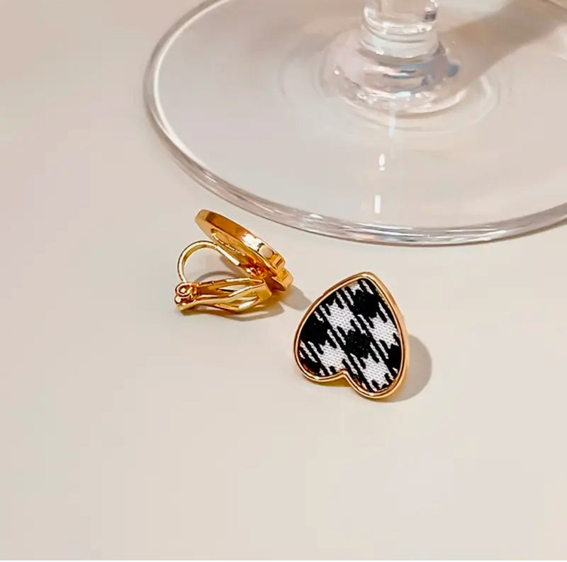 Clip on 1/2" gold, black and white plaid fabric heart button style earrings