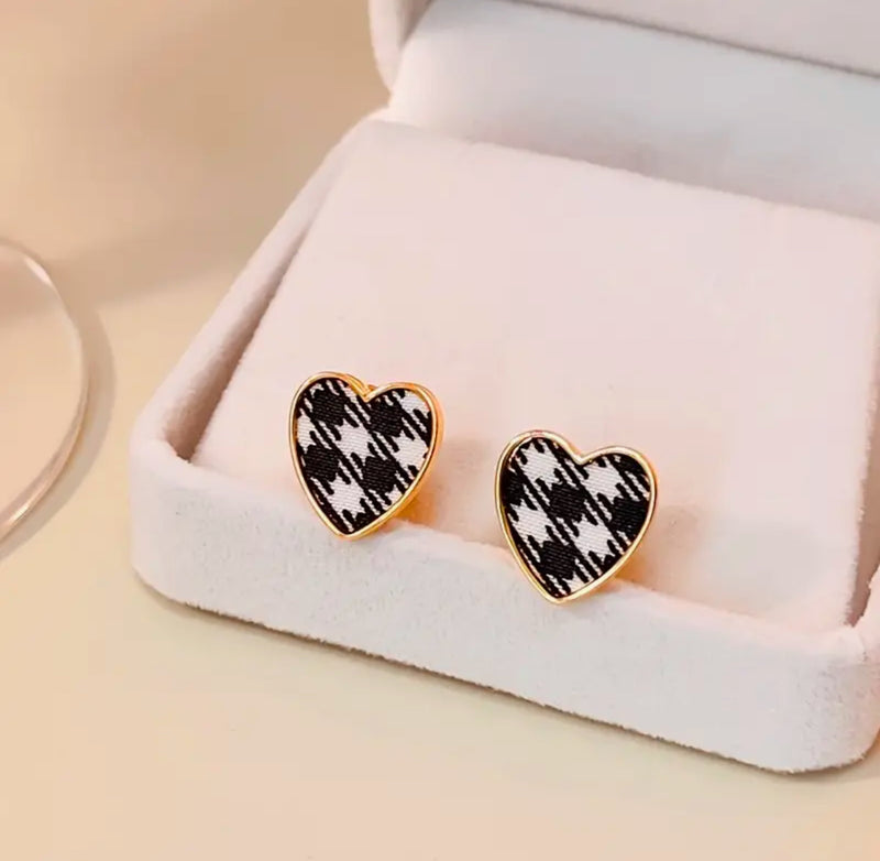 Clip on 1/2" gold, black and white plaid fabric heart button style earrings