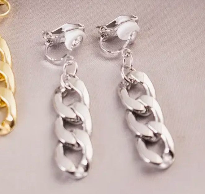 Clip on 2" silver three link chain dangle earrings