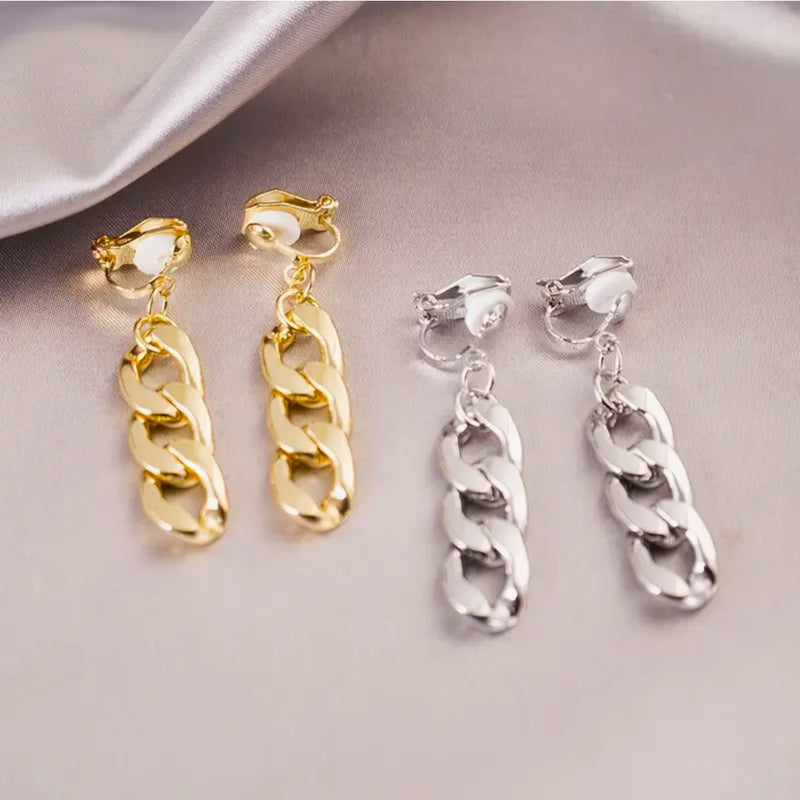 Clip on 2" gold three link chain dangle earrings