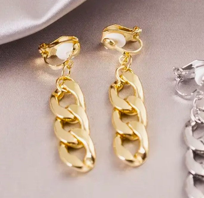 Clip on 2" gold three link chain dangle earrings