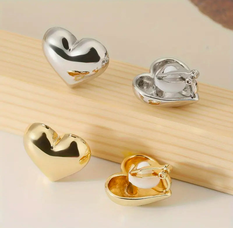 Clip on 3/4" shiny silver heart button style earrings