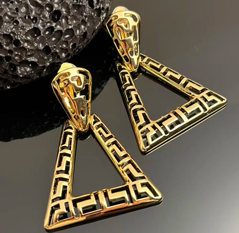 Clip on 2 1/2" Xlarge gold cutout dangle triangle earrings