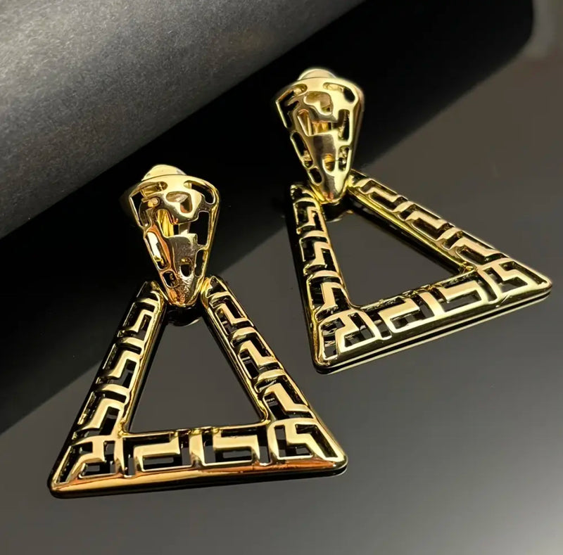 Clip on 2 1/2" Xlarge gold cutout dangle triangle earrings