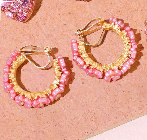 Clip on 1" gold and pink flower open back hoop earrings