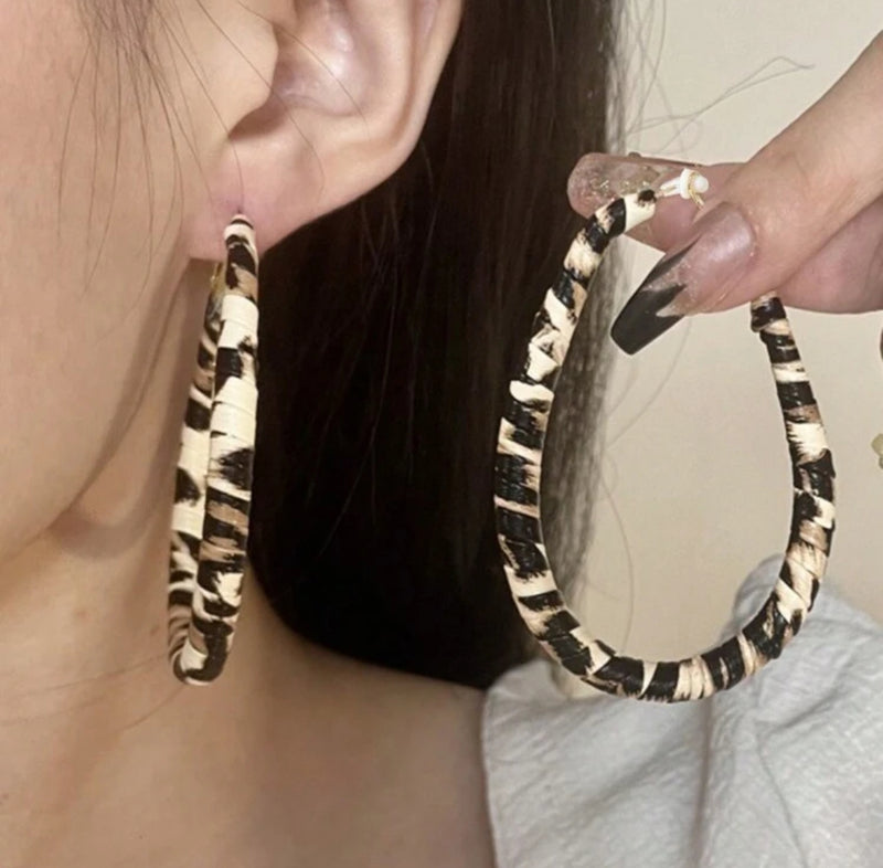 Clip on 2 3/4" gold, brown, black animal print PU leather teardrop hoop earrings