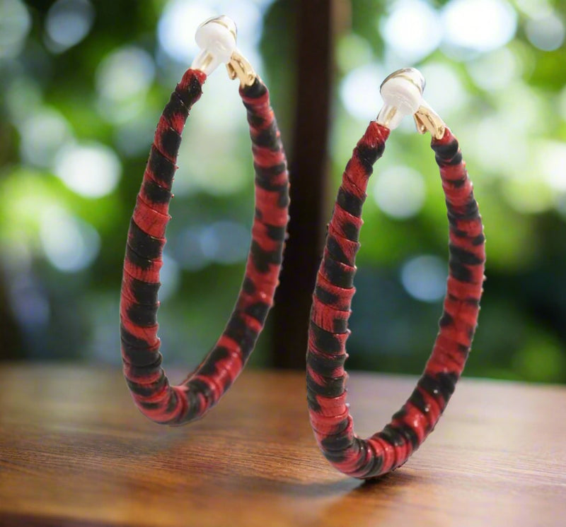 Clip on 2 3/4" gold, black, red animal print PU leather teardrop hoop earrings