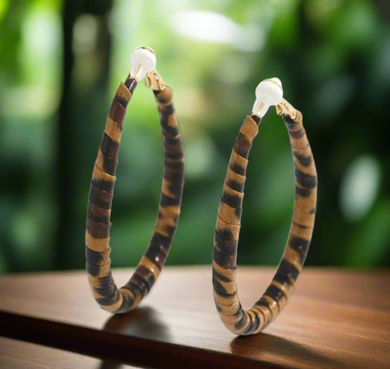 Clip on 2 3/4" gold and brown animal print PU leather teardrop hoop earrings