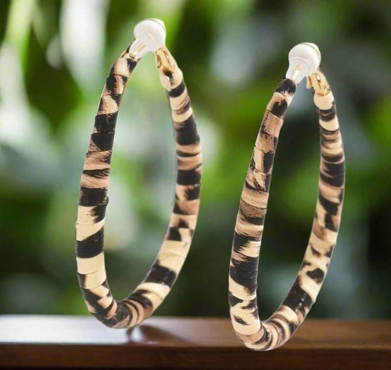 Clip on 2 3/4" gold, brown, tan animal print PU leather teardrop hoop earrings