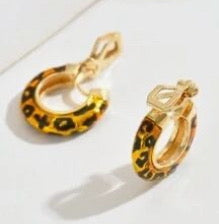 Clip on 3/4" small gold and black animal print hoop earrings