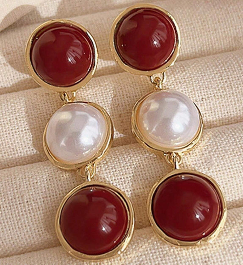 Clip on 2" gold red and white pearl dangle three stone earrings