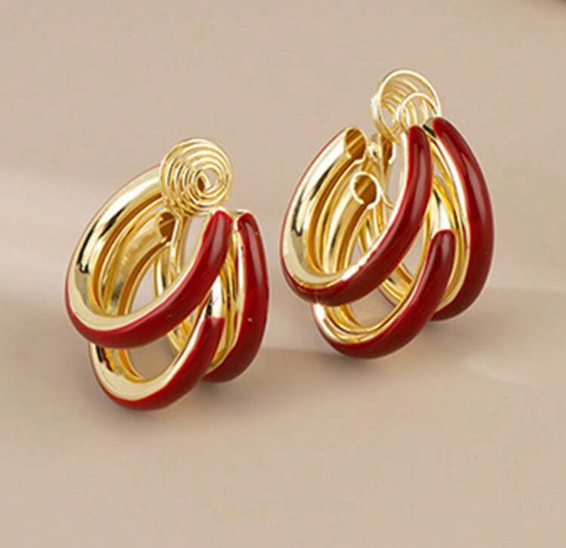 Clip on 1" comfort fit gold and red cutout open back hoop earrings