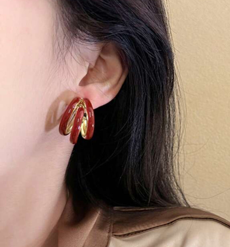 Clip on 1" comfort fit gold and red cutout open back hoop earrings