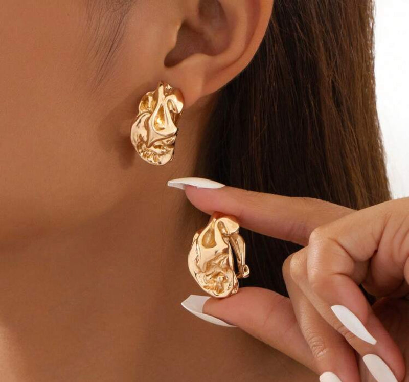 Clip on 1 1/4" gold wrinkled button style earrings