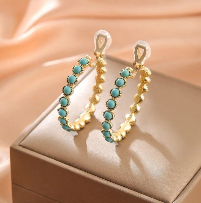 Clip on 1 3/4" gold and turquoise round bead open back hoop earrings