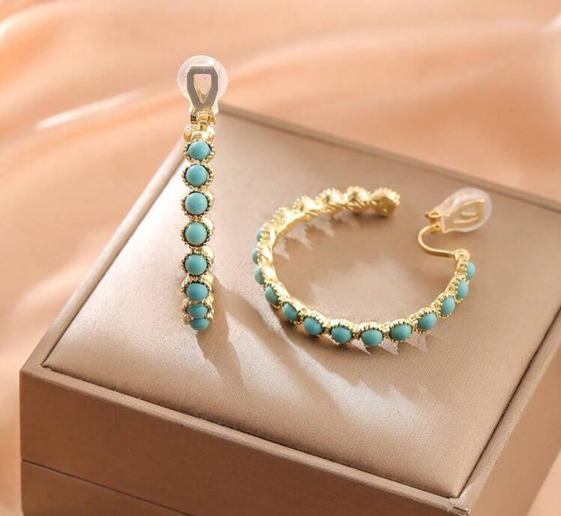 Clip on 1 3/4" gold and turquoise round bead open back hoop earrings