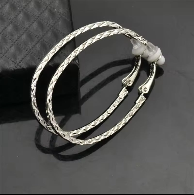 Trendy clip on 2" silver U-shaped textured hoop earrings