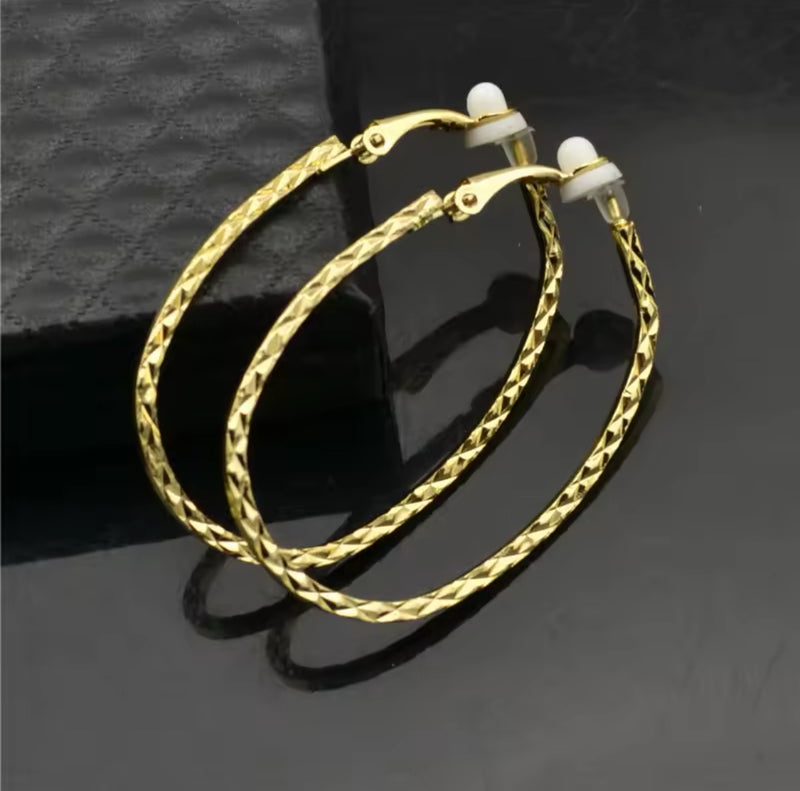 Trendy clip on 2" gold U-shaped textured hoop earrings