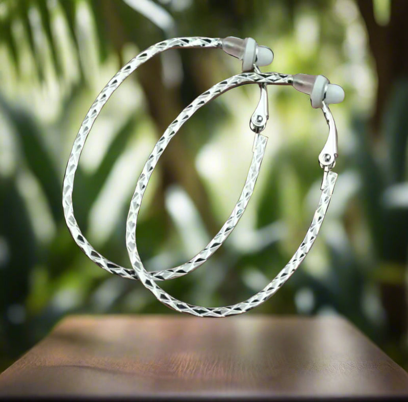 Trendy clip on 2" silver U-shaped textured hoop earrings